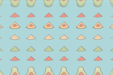 Poster - A cheerful, repeating pattern featuring cartoon avocado and watermelon slices on a light blue background.  This simple, bright design could be used as an avatar.