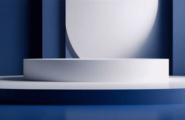 Poster - a white circular podium is positioned against a backdrop of blue geometric shapes. the scene is simp