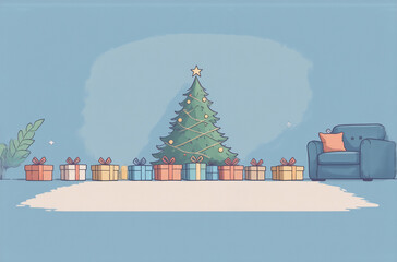 Poster - A charming Christmas avatar scene: a decorated tree stands proudly before a row of colorful presents, a cozy armchair nearby, all set against a serene blue backdrop.