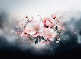 Poster - A dreamy watercolor floral arrangement in soft pink and pastel colors against a misty, dark backdrop. Hints of delicate petals and elegant leaves. Evoking serene beauty.
