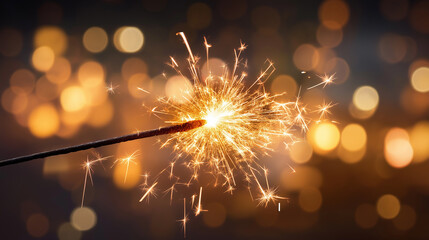 Poster - Burning sparkler with golden bokeh lights creating festive atmosphere
