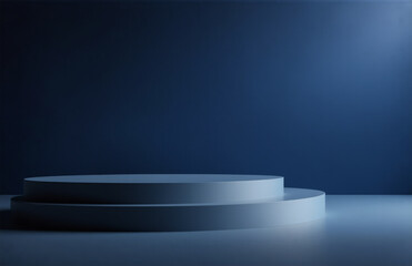 Poster - A minimalist scene features a two-tiered, cylindrical, white podium against a deep blue backdrop.  Subtle lighting enhances the platform's smooth, clean form.