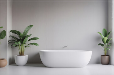 Poster - Modern minimalist bathroom design featuring a freestanding bathtub and potted plants.  Clean lines and neutral color palette create a serene atmosphere.