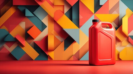 Aufkleber - Bright Red Jerrycan Placed Against a Vibrant Geometric Background With Dynamic Shapes in Various Colors Creating a Striking Visual Contrast