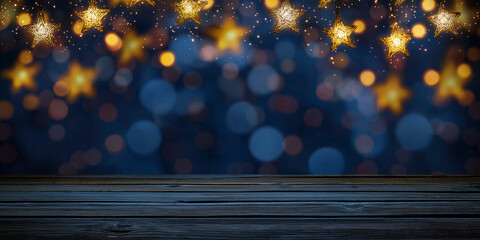 Poster - Christmas stars lights hanging above wooden table on blurry blue background