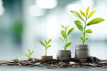 Poster - Growing Money Account Reflects Financial Growth With Plants Emerging From Stacks of Coins in a Bank Setting, Illustrating Investment Potential and Prosperity
