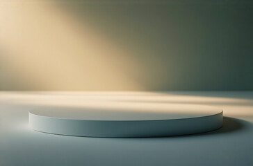 Poster - A minimalist, round, white platform sits on a muted green background, illuminated by a soft, warm light.  The scene is serene and subtly dramatic.