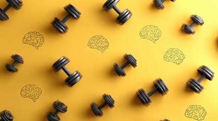 Poster - Brain Training With Dumbbells on Sunny Yellow Background for Mental Fitness and Well-Being Activities