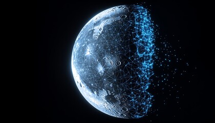 Connected Moon with Digital Network Glowing Blue on Black Background