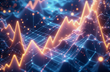 Poster - abstract digital landscape with glowing orange lines and blue grid. represents data flow or network 