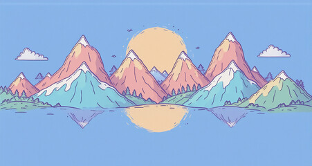 Aufkleber - A scenic landscape featuring vibrant mountains, a large sun, and reflective water. The sky is a soft blue, enhancing the peaceful atmosphere of the mountain range.