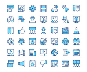 Poster - cinema icons. vector line icon set. modern outline design. blue concept