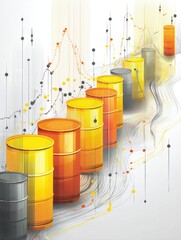Poster - Stylized Barrels and Oil Graphs Illustrate Trends in Energy Markets and Commodity Pricing Dynamics of the Industry