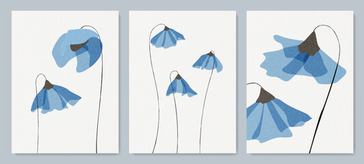 Wall Mural - botanical art background with transparent blue flowers in minimalist style. floral poster set for de
