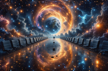 Aufkleber - An ethereal, cosmic scene. A long, reflective surface stretches, lined with chairs, under a swirling galaxy. Hints of celestial beauty are revealed. The world is in center.