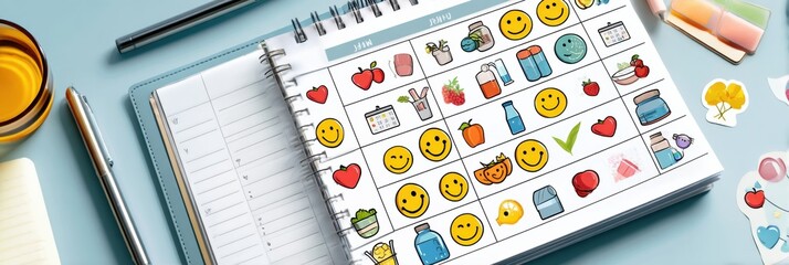 Poster - Colorful Calendar Filled With Healthy Habit Stickers and Cheerful Smiley Faces for Tracking Wellness Activities