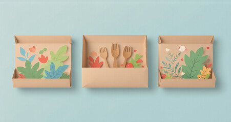 Poster - Three cardboard boxes showcase nature-themed cutouts, possibly for crafts or decorations, against a light blue background. The art evokes a garden setting. The presentation is clean.