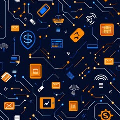 Poster - Vibrant digital technology pattern with blue and orange icons on a dark background.