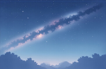 Aufkleber - A serene nightscape, a celestial river of soft light arcs across a dusky blue sky, creating a dreamy, almost ethereal avatar-like scene.  Silhouetted clouds and stars complete the image.
