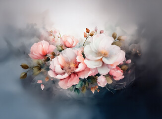 Aufkleber - A watercolor floral arrangement with soft pink and white blooms, surrounded by a dreamy, cloudy background. Gentle hues create a sense of tranquility.