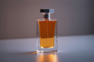 Poster - A rectangular glass perfume bottle with amber liquid sits on a white surface, illuminated by warm light.  The elegant bottle features a silver cap.
