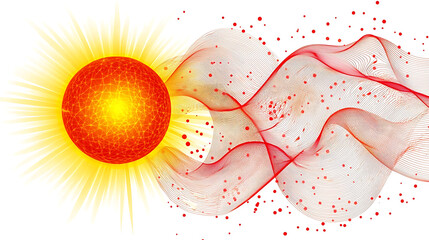 Poster - Abstract red and orange sun with rays and wavy lines isolated on white background