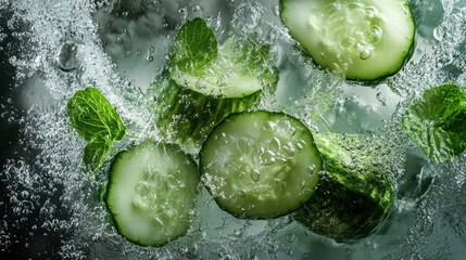 Poster - Sliced cucumbers and mint leaves submerged in sparkling water.