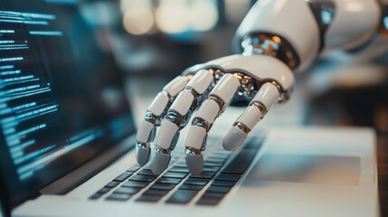 Leinwandbilder - Robotic hand using laptop, coding on screen.