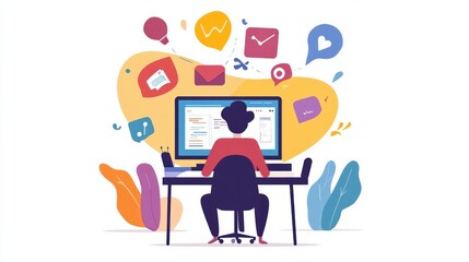 Leinwandbilder - Person working on computer with digital icons and notifications.