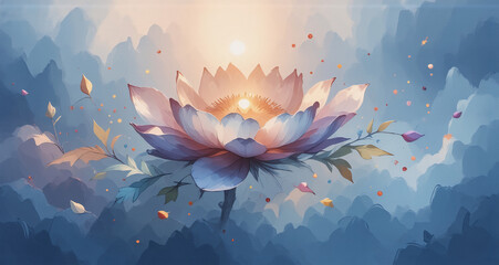 Fototapete - A blossoming flower with glowing center amidst hazy mountains and light. Petals gently falling. The scene evokes tranquility and serenity. Hints of warm colors against cool tones.