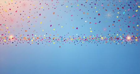 Poster - Vibrant confetti showers the sky, creating a festive atmosphere. Hints of sparkle add to the joyful celebration. The bright backdrop contrasts the floating details.