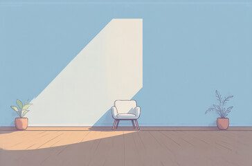Aufkleber - Serene room with a light-filled wall, a comfy armchair, and potted plants.  A minimalist, calming avatar-like scene.