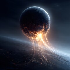 a black planet bleeding into space with tendrils
