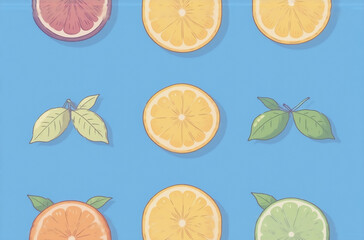 Poster - A vibrant, stylized citrus fruit avatar pattern.  Slices of oranges, grapefruits, and limes are arranged with leaves on a bright blue background.