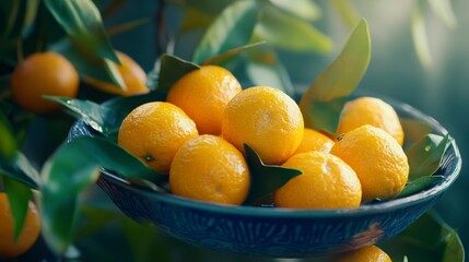 Poster - Freshly picked mandarins in a rustic bowl, surrounded by green leaves.