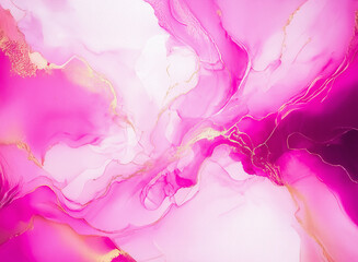 Poster - The image shows abstract art with flowing pink and gold hues. The artwork appears liquid and ethereal, showcasing a dynamic blend of colors and textures. There's an impression of movement and energy.
