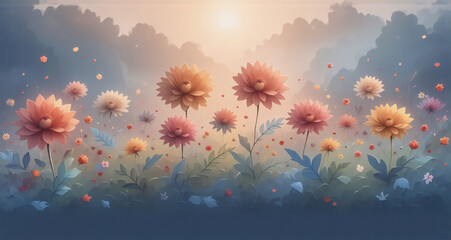 Poster - A serene floral scene, flowers blooming with various colors, hints of soft light and mist. Dreamy landscape with detailed blossoms, and a calm atmosphere.