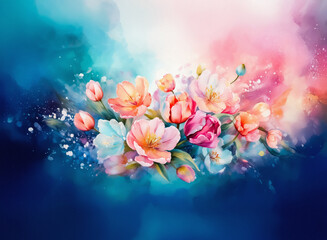 Fototapete - A beautiful bouquet of colorful flowers against a dreamy, watercolor background of blues, pinks, and white, with light sprinkling hints.