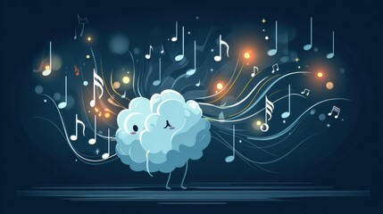 Fototapete - Joyful Brain Icon Emanating Music Notes and Colorful Light Flows in a Vibrant Creative Atmosphere