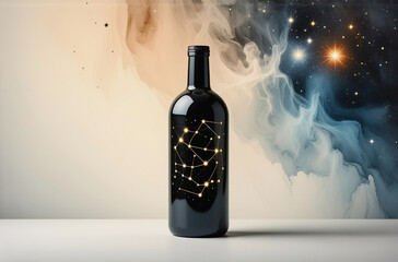 Poster - A dark wine bottle features a constellation design, illuminated by tiny lights.  It's set against a dreamy backdrop of swirling paint resembling a nebula.