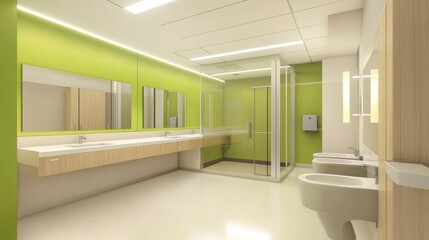 Poster - Modern, bright bathroom with green walls, double sinks, shower, and bidet.