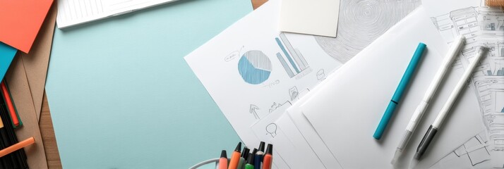 Poster - creative workspace filled with planning sheets, markers, and charts inspiring financial strategies f