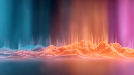 Poster - Grainy gradient background, orange blue magenta pink abstract glowing color flow wave black dark backdrop noise texture banner design