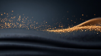 Poster - Black grainy gradient background, abstract golden blurred wave on dark noise texture, copy space