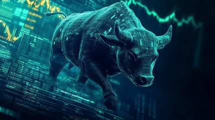 Poster - A digital bull charging through a stock market data background.
