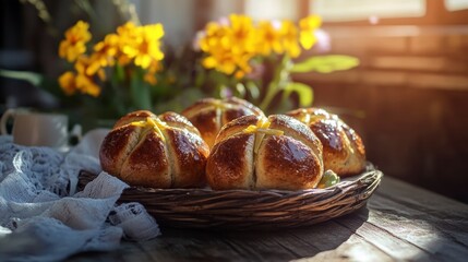 Poster - Golden-brown baked buns with cross-shaped tops, arranged on a rustic wooden table with yellow flowers in the background.