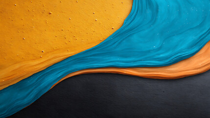 Poster - Abstract grainy background yellow blue orange color flow wave black copy space noise texture effect vibrant dark banner