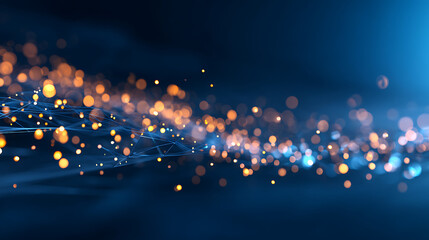 Poster - Glowing particles on dark blue background, flying glitter, technology abstract blurry banner design
