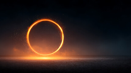 Poster - Glowing burning ring dark background grainy gradient orange red yellow black noise texture banner abstract background