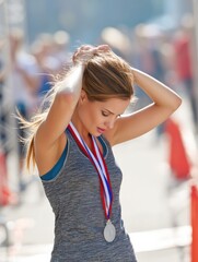 Poster - Emotional Runner Celebrates Achievement at Finish Line With Medal During Sunny Outdoor Event